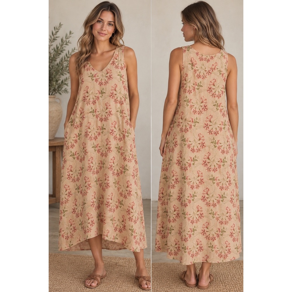 Goddess Gear Linen Floral V-Neck Sleeveless Midi Dress Pink Beige Green Trim M